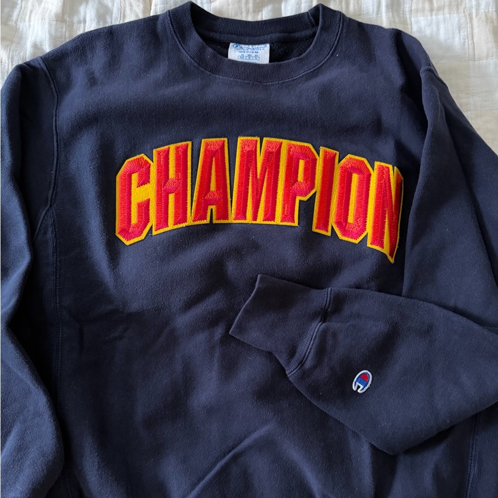 Champion Navy Blue Crewneck Sweater with Red Lettering